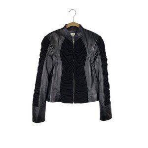 Cache Black Leather & Goat Suede Ruched Moto Biker Jacket Vintage Womens Size 8